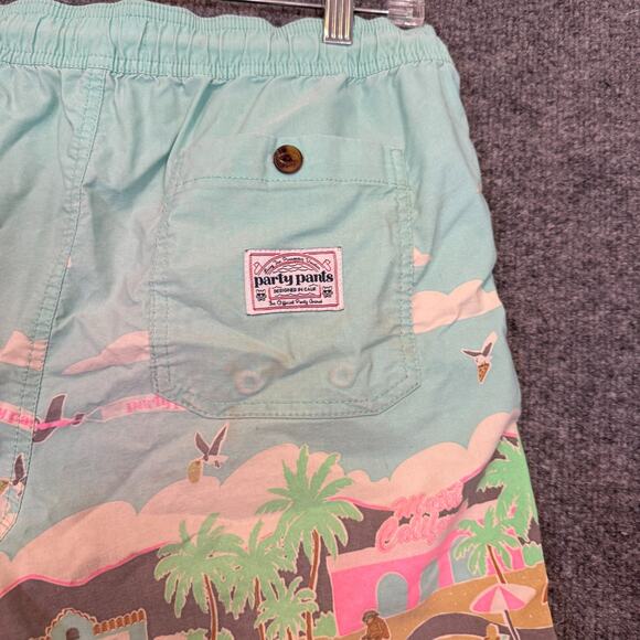 Party Pants Shorts Mens Medium Blue Drawstring All Over Print Swim Trunks Beach - Picture 5 of 8